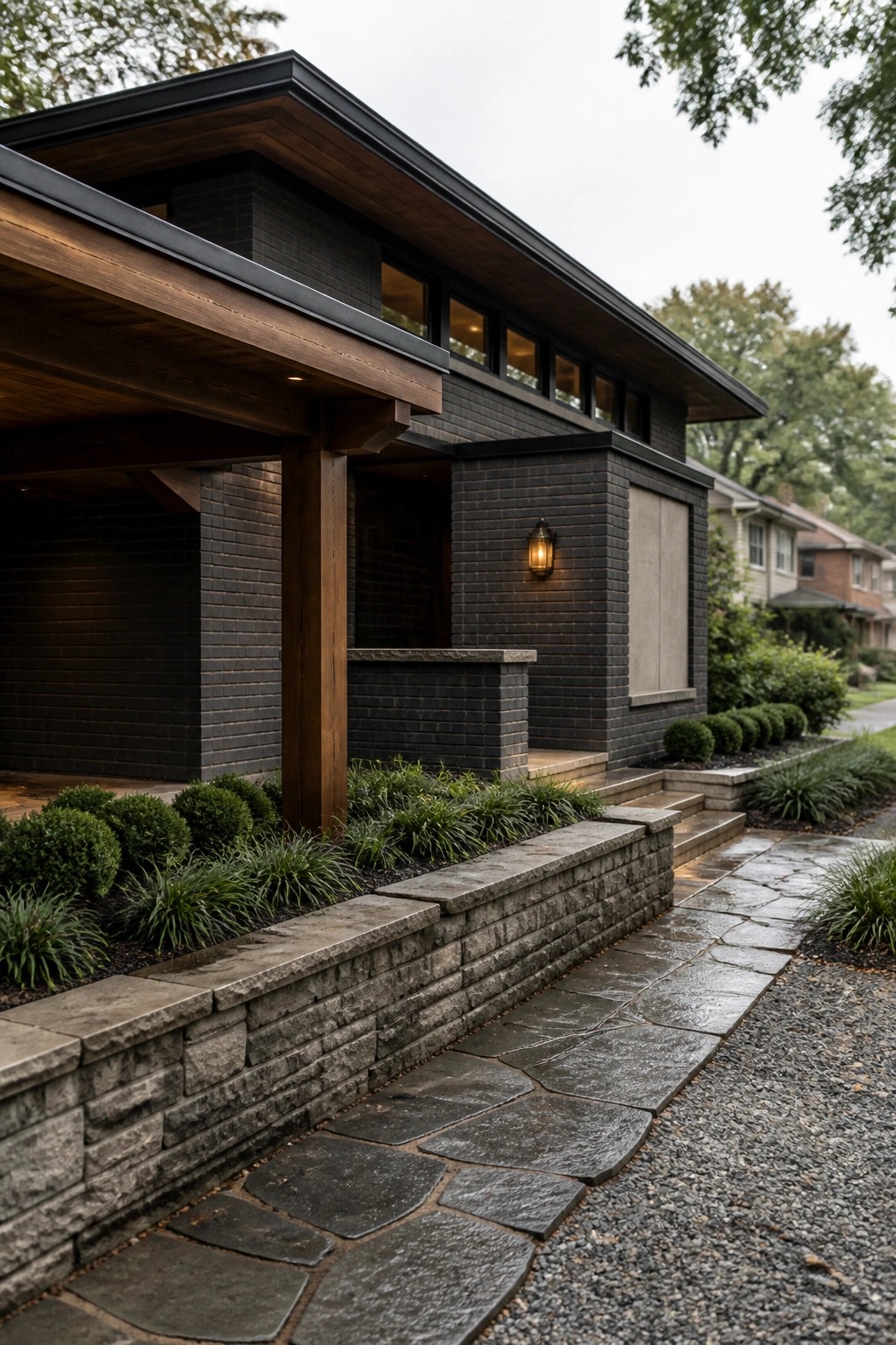 A modern single-story house clad in dark brick with wide wooden overhangs, a stone retaining wall, and a flagstone walkway along the front.