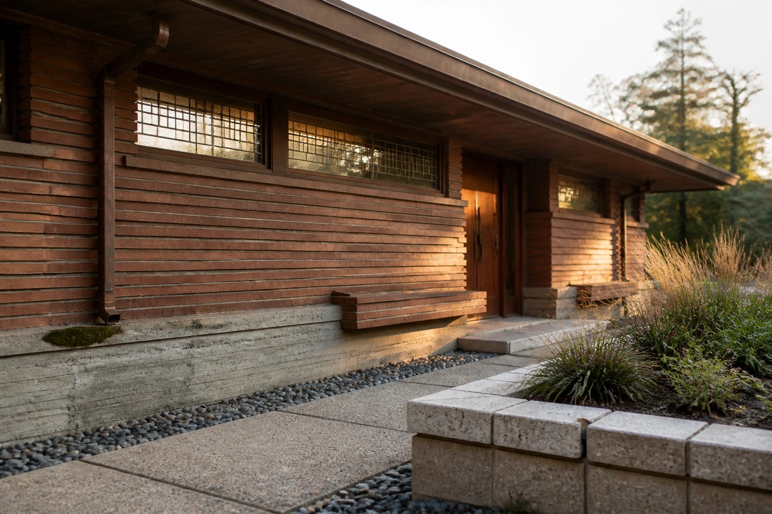 Brick house exterior with continuous horizontal brick bands, an integrated bench, concrete foundation, downspout, and low landscaping beside a concrete walkway.