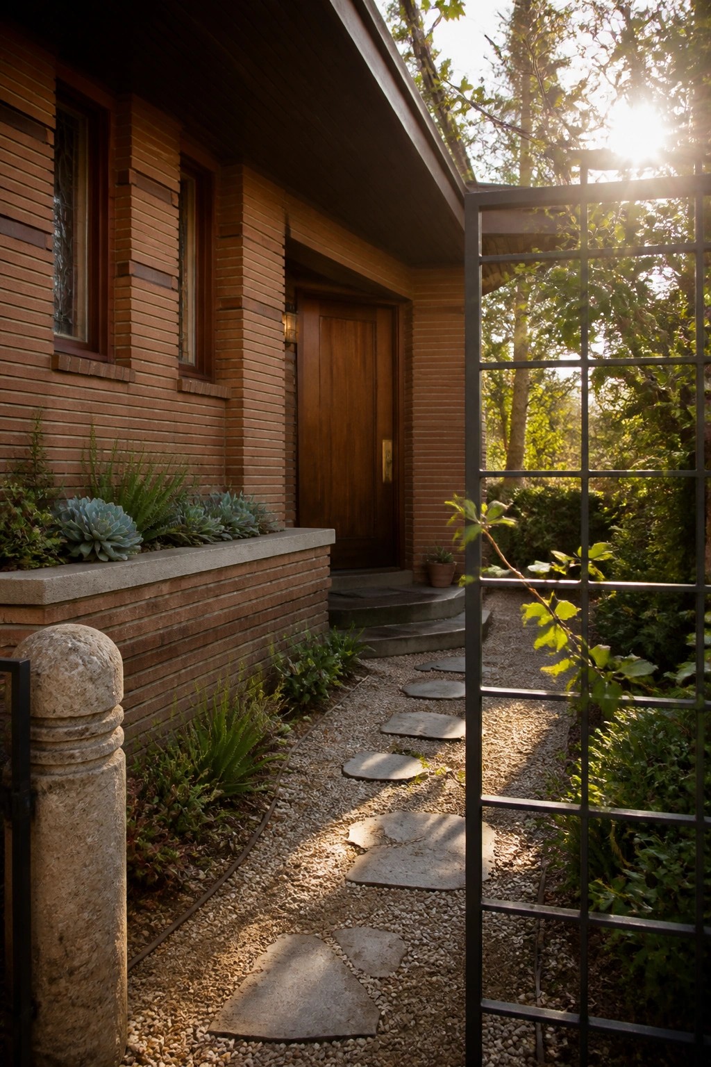 A brick house exterior with a wooden door is shown from a side angle, with a gravel path and flat stepping stones leading to the entrance and a metal gate in the foreground.