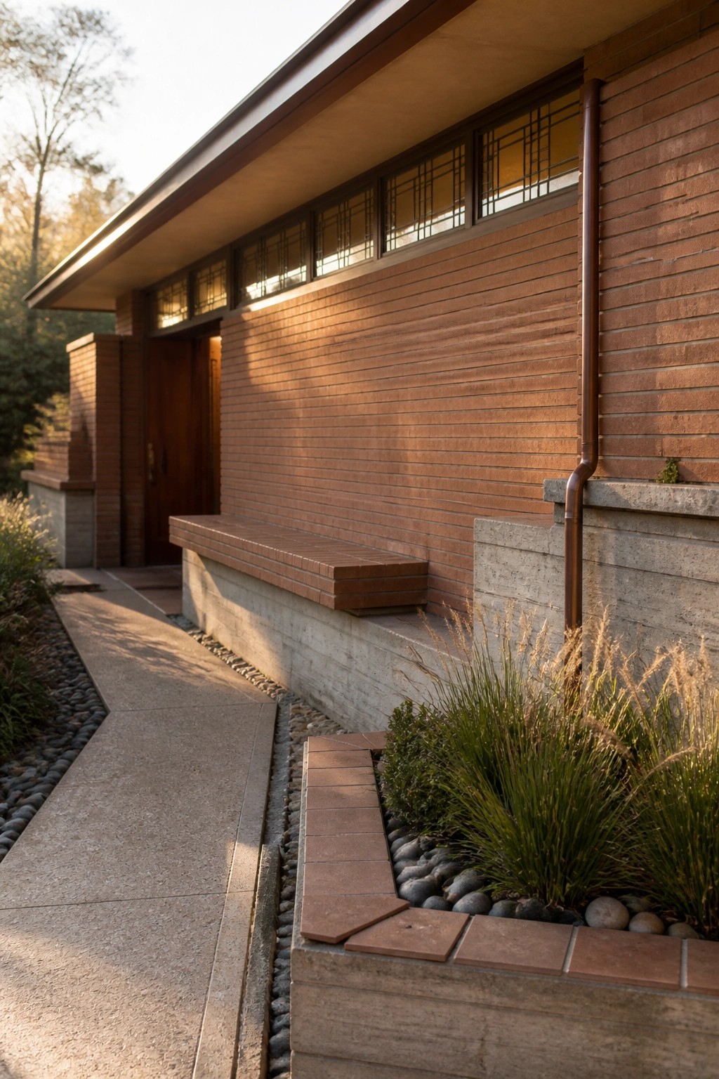 Brick house exterior with continuous horizontal brick bands, an integrated bench, concrete foundation, downspout, and low landscaping beside a concrete walkway.