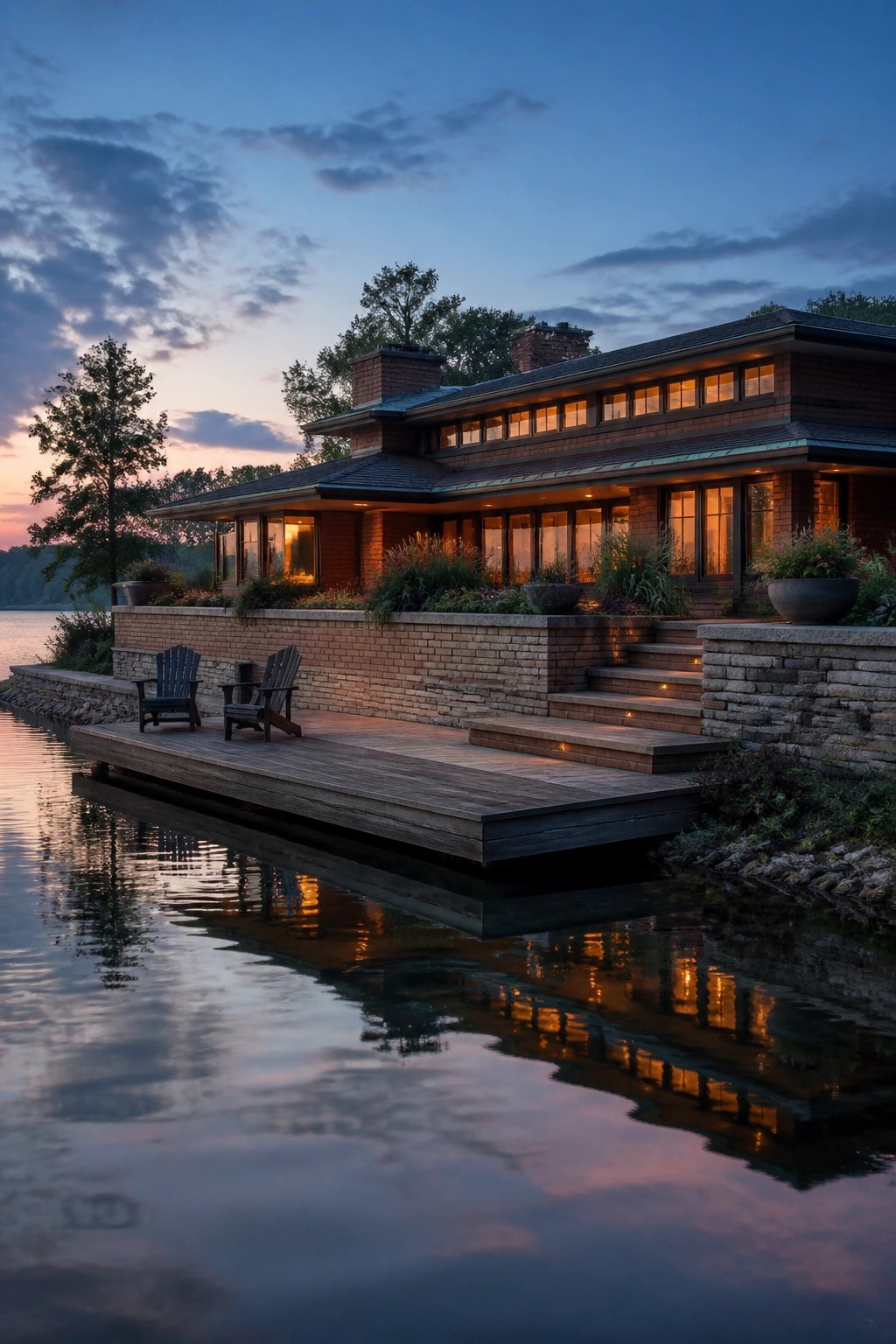 A low brick house with horizontal windows and a wooden deck extending over calm water at dusk.