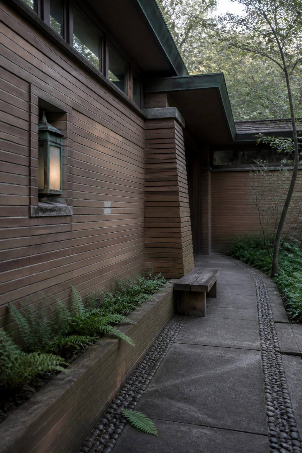 Brown wooden building with lit lantern, bench on fern-lined pebble path.