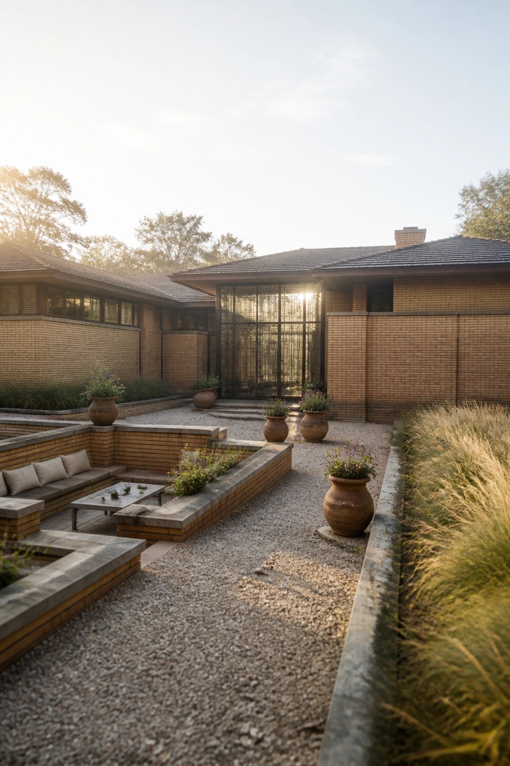 Modern brick home courtyard with gravel paths, terracotta pots, and built-in seating at sunset.