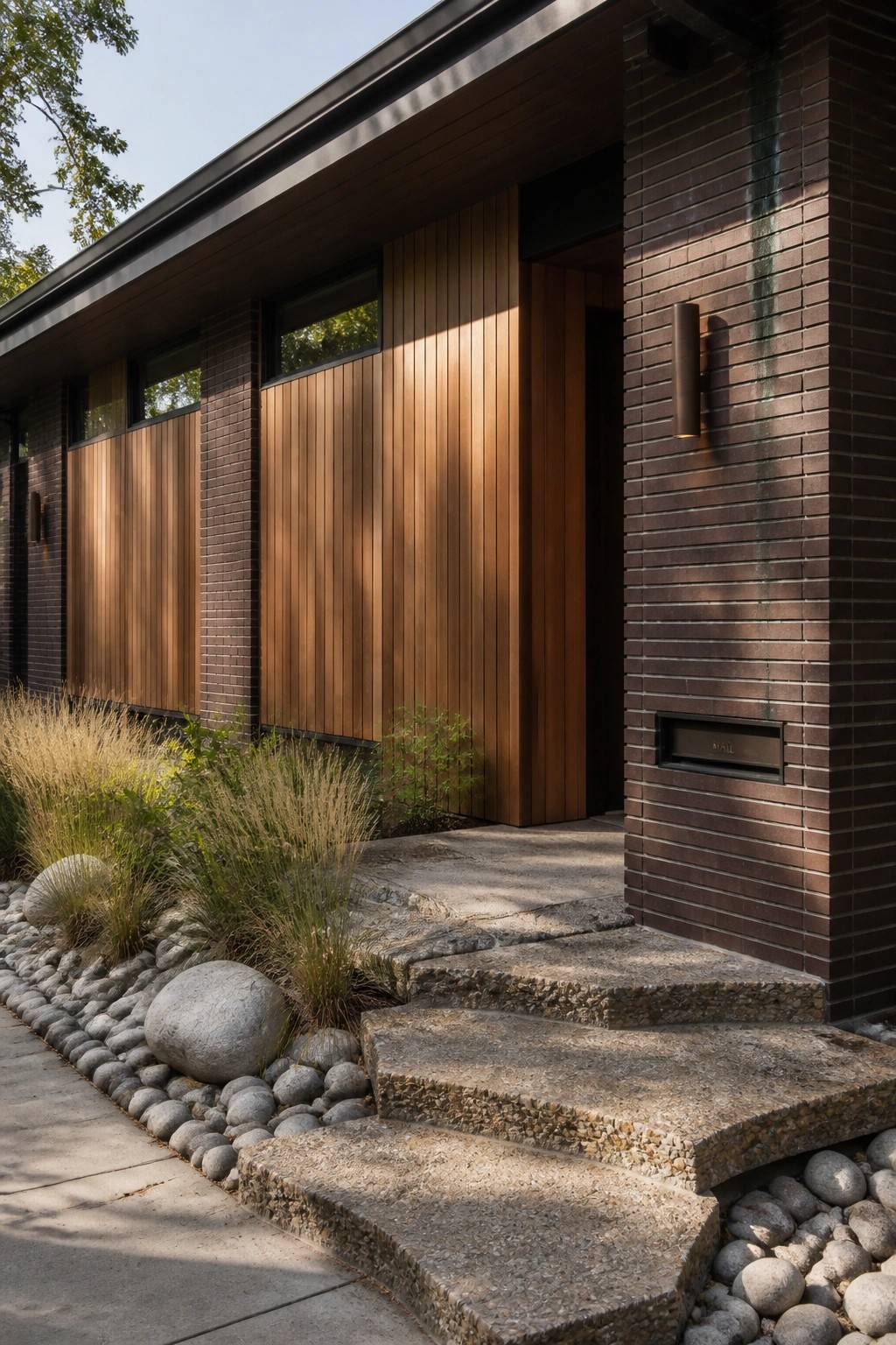 Modern brick house entrance with wood siding, stone steps, and pebble landscaping