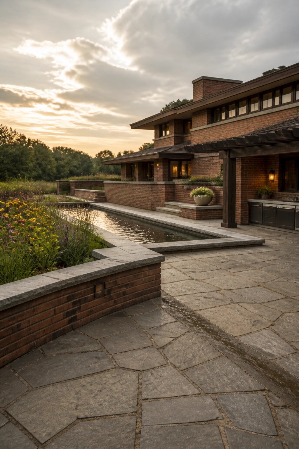 Brick house with reflecting pool, stone patio, and garden at sunset