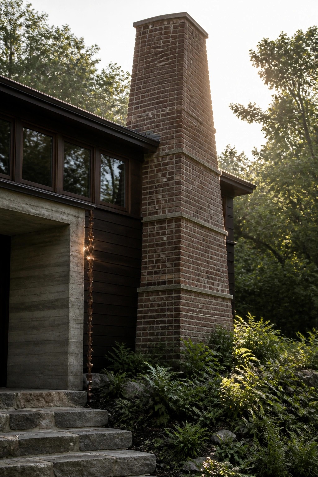 Exterior view of a house with a tall brick chimney rising beside dark horizontal wood siding, stone steps at the entrance, and green plants at the base.