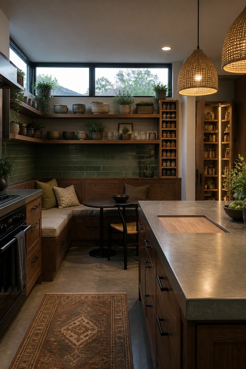 A kitchen with a wooden built-in corner bench under large windows, open shelves above a green tile backsplash, and a concrete island in the foreground.