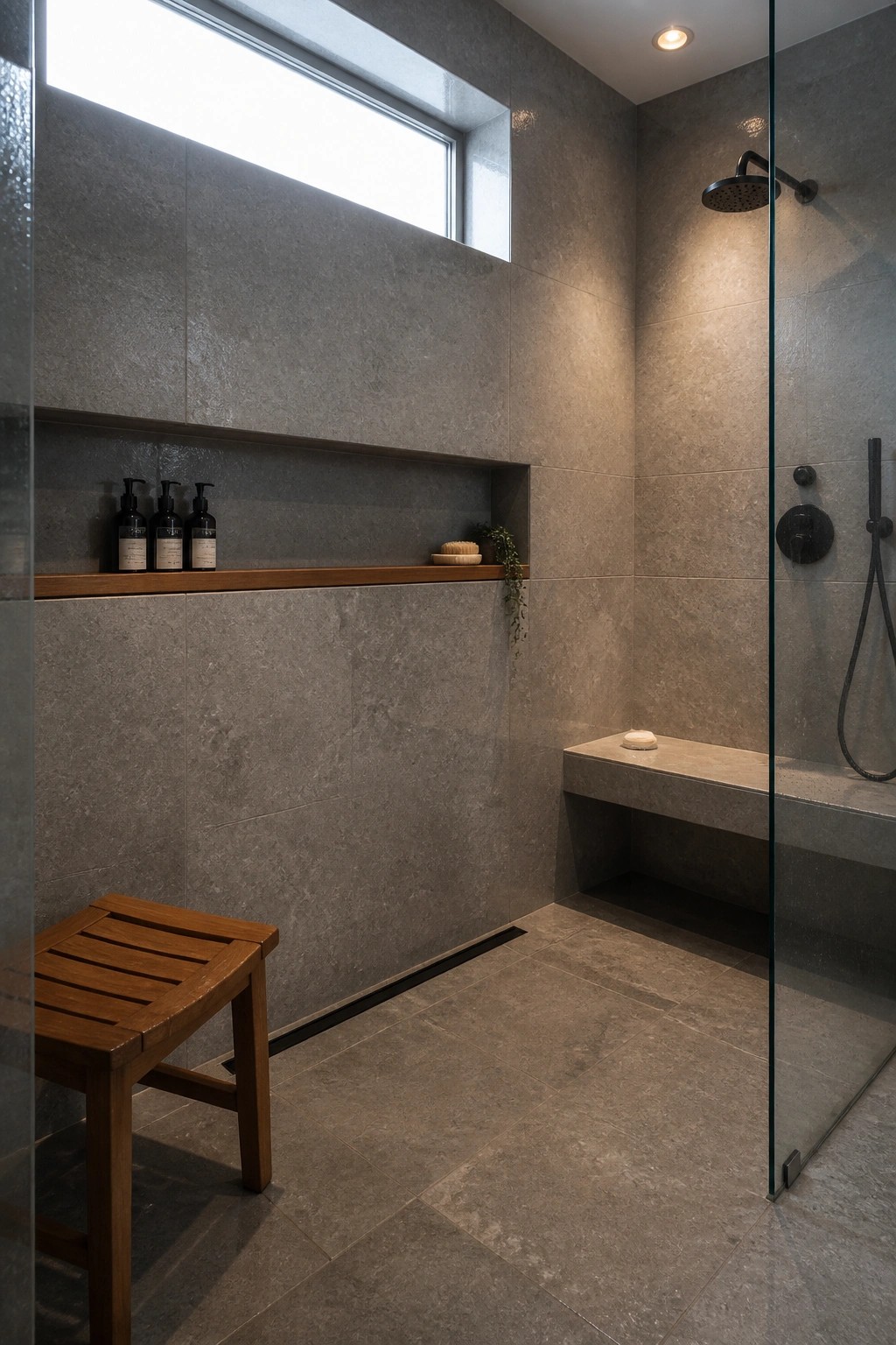 A tiled shower interior with a built-in stone bench, a recessed shelf with a wooden ledge holding three pump bottles, a wooden stool in the foreground, and a glass door on the right.