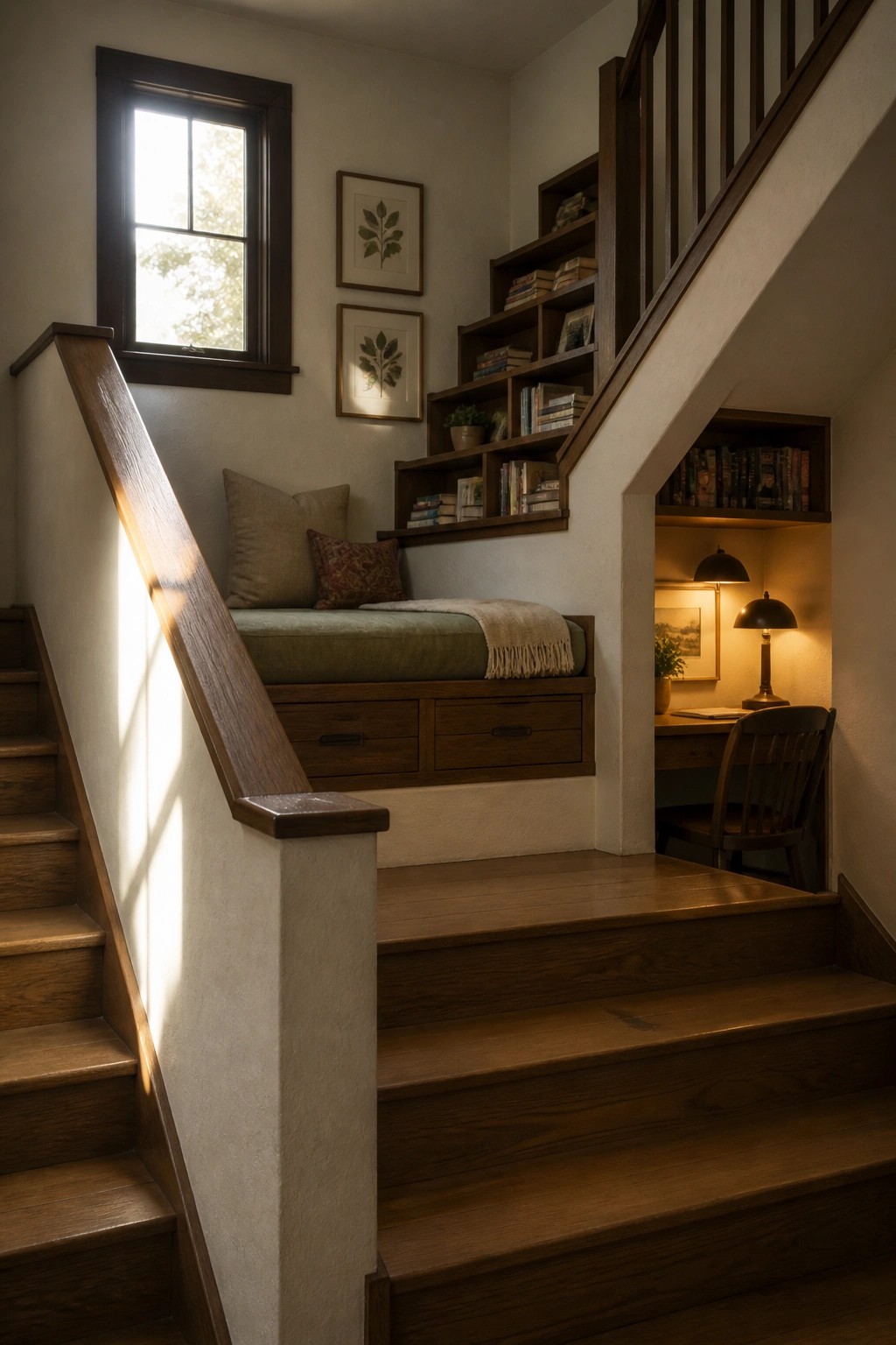 A wooden staircase with a built-in bench seat and storage drawers below, flanked by bookshelves and a small desk nook with a chair.
