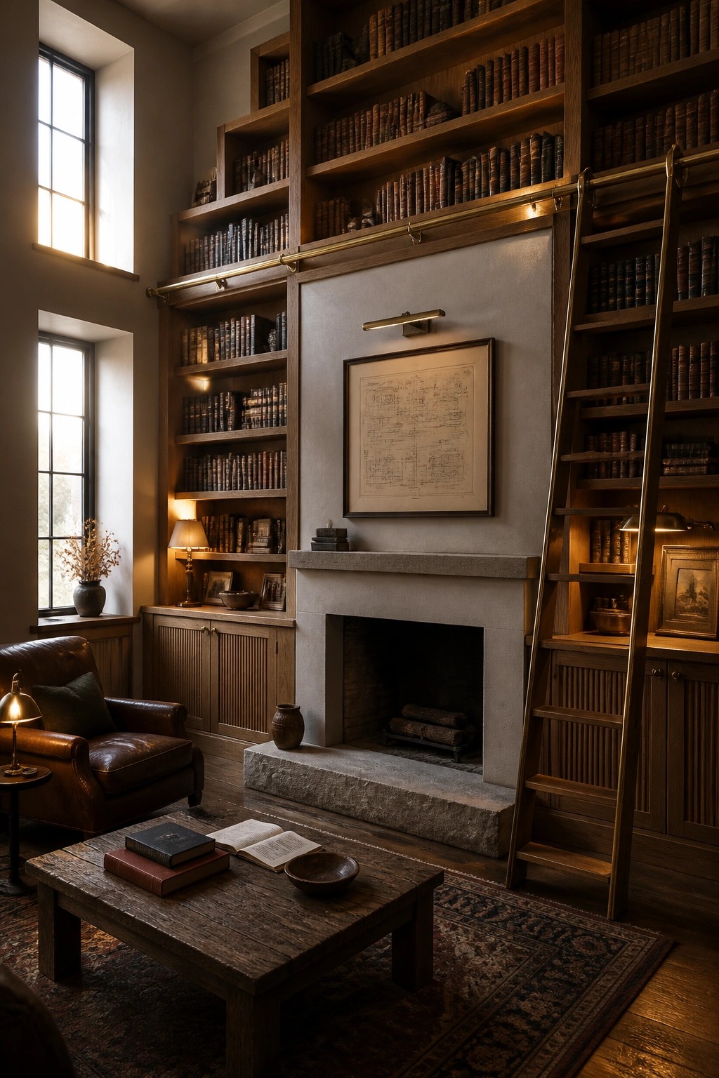 A room interior with tall wooden built-in bookshelves flanking a stone fireplace, a rolling ladder on the right side, and a brown leather armchair near two windows.