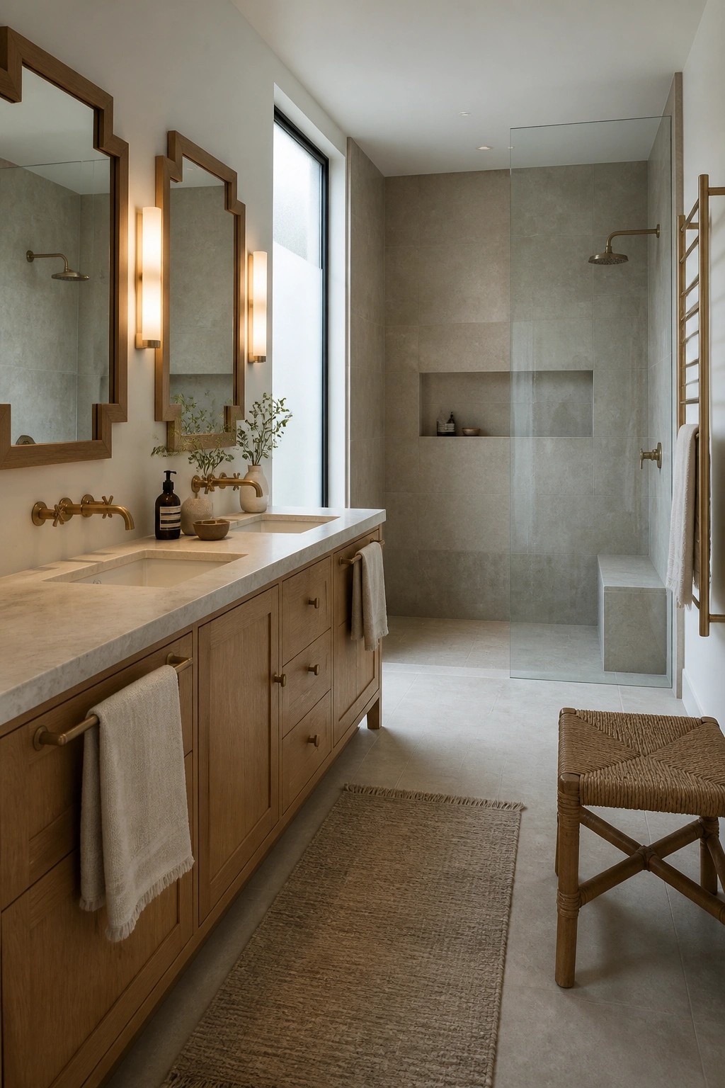 A bathroom interior showing a long wooden built-in vanity with two undermount sinks, brass wall-mounted faucets, framed mirrors with vertical sconces, and a glass shower enclosure with a recessed niche.