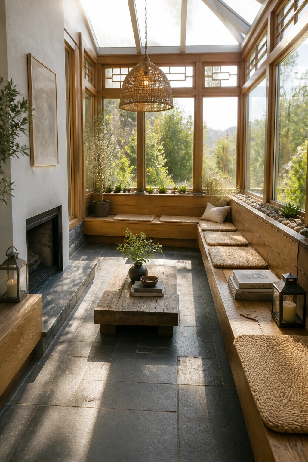 A bright interior room with wooden built-in benches along large windows, a low wooden table in the center, and a fireplace on the left wall.