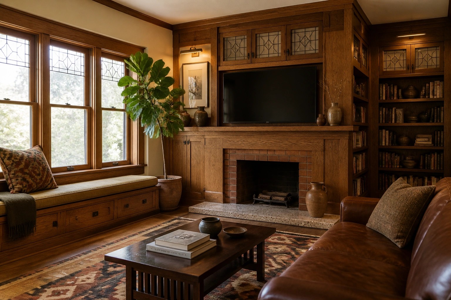 Cozy living room with wooden bookshelves, fireplace, leather sofa, and window seat