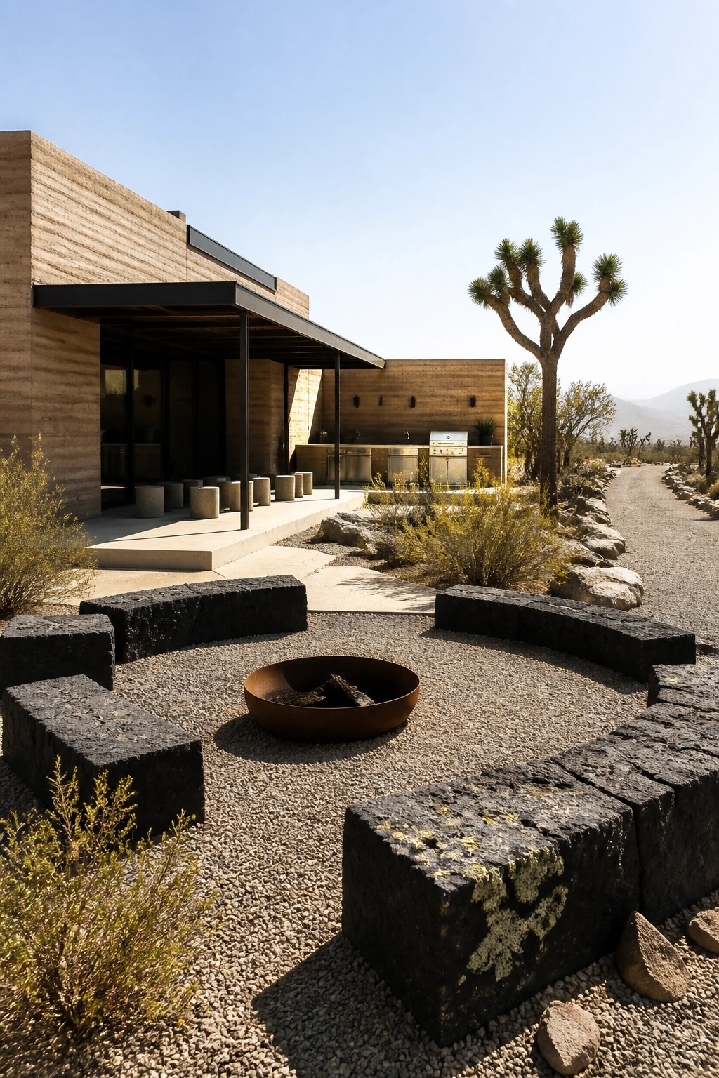 A rammed earth home exterior with a circular fire pit surrounded by large dark stone blocks on gravel, next to an outdoor kitchen area in a desert setting.