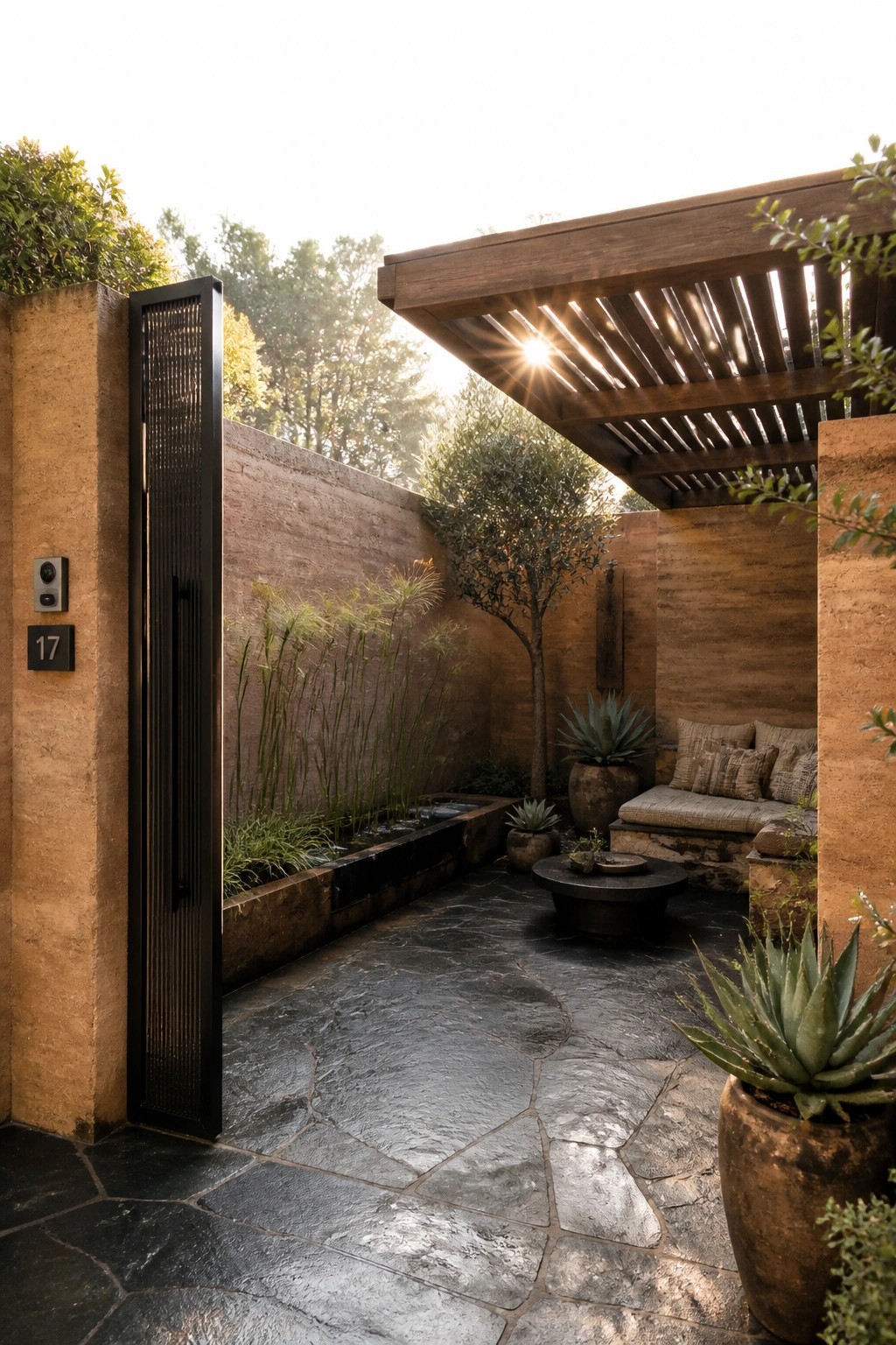 Contemporary courtyard with black gate 17, stone patio, wooden pergola, and potted plants.