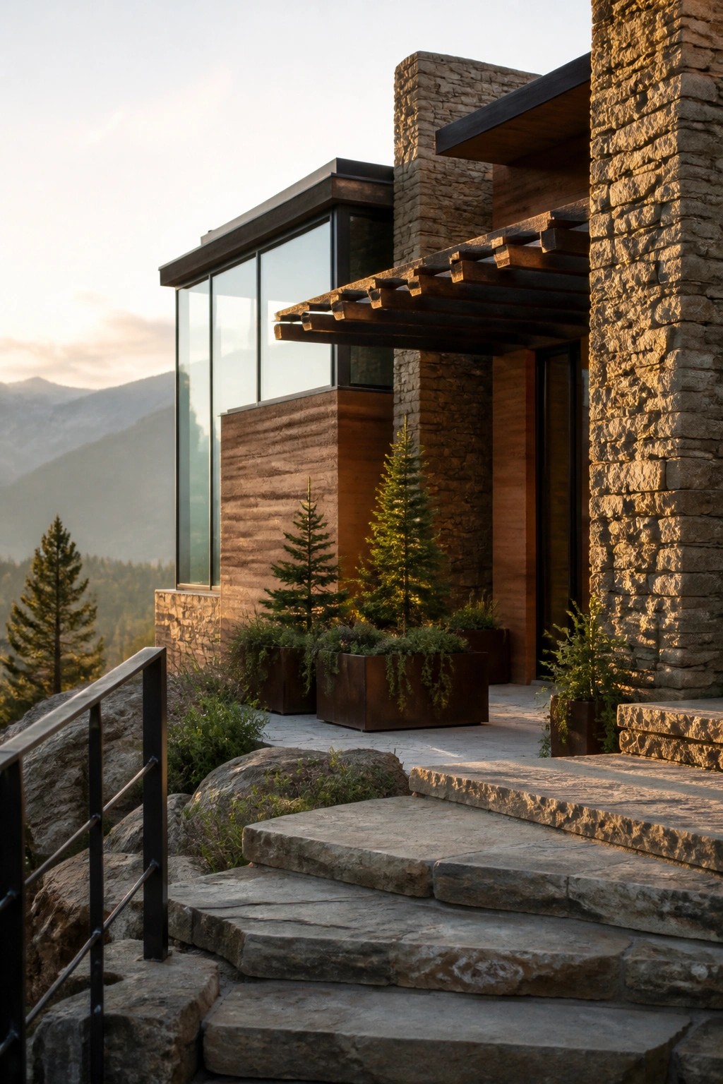 Modern house exterior with rammed earth walls, stone pillars and chimney, wood siding accents, large glass windows, and stone steps leading to the entry.