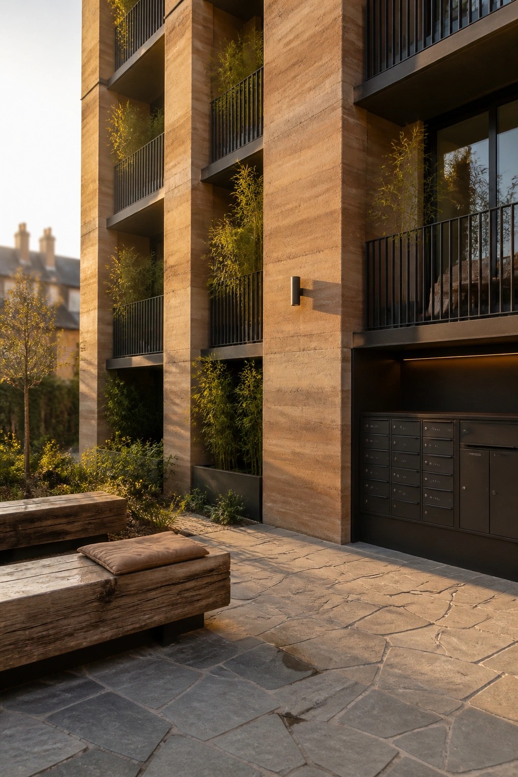 Multi-story rammed earth building with black metal balconies, stone paving, and wooden benches in the foreground.