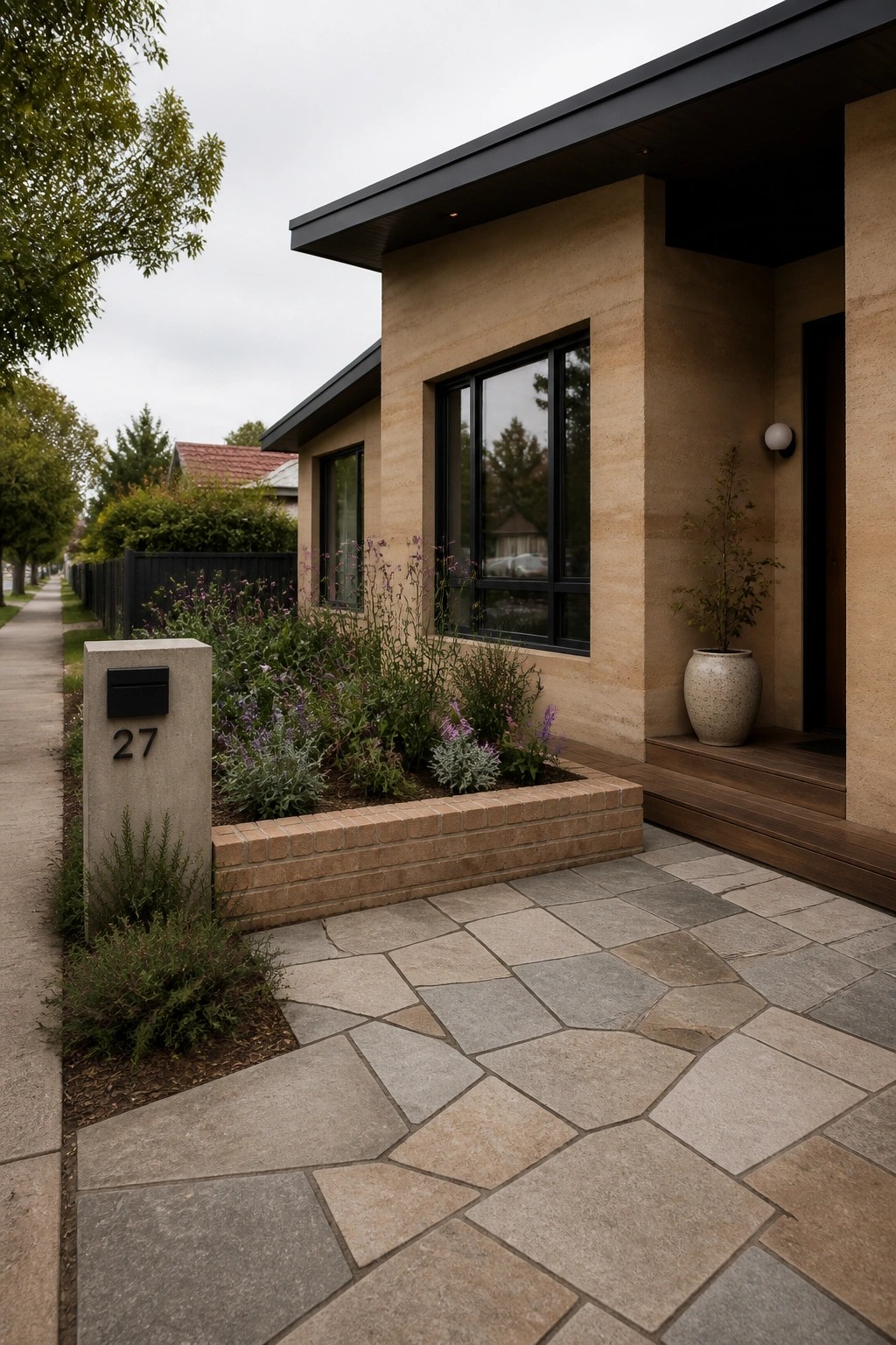 A modern single-story house with rammed earth walls, black window frames, a stone paver walkway, and a raised brick garden bed beside the entry.