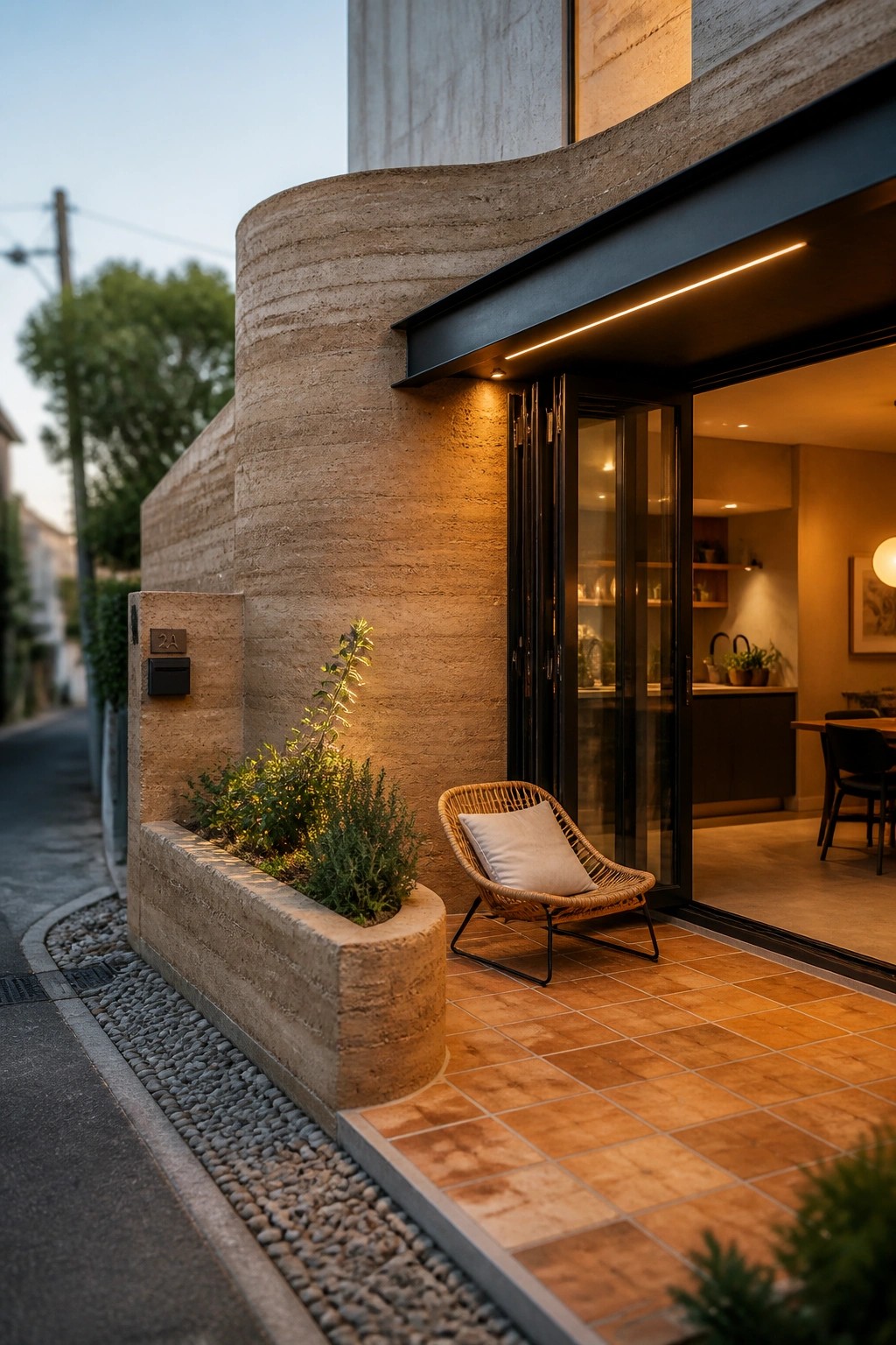 A curved rammed earth exterior wall beside a terracotta-tiled entry patio with a wicker chair and an open black-framed glass door revealing part of the kitchen inside.