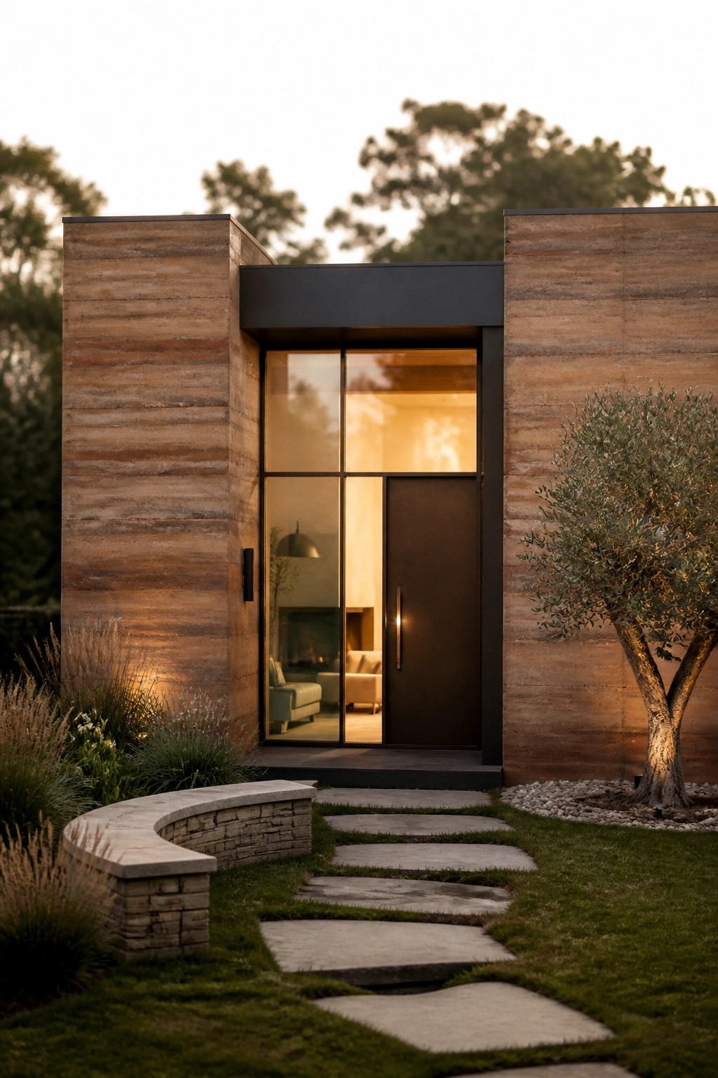 A modern house with layered rammed earth walls, a recessed glass entry, and a stone pathway leading to the front door.
