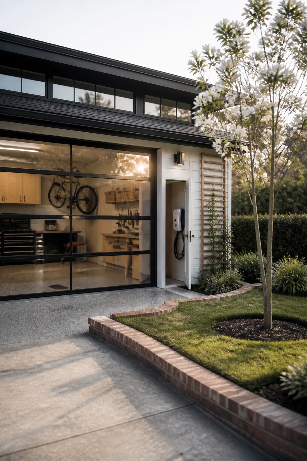 Modern house exterior with large glass garage doors, an open side door, and a white EV charger mounted on the wall beside the doorway, bordered by brick edging and grass.