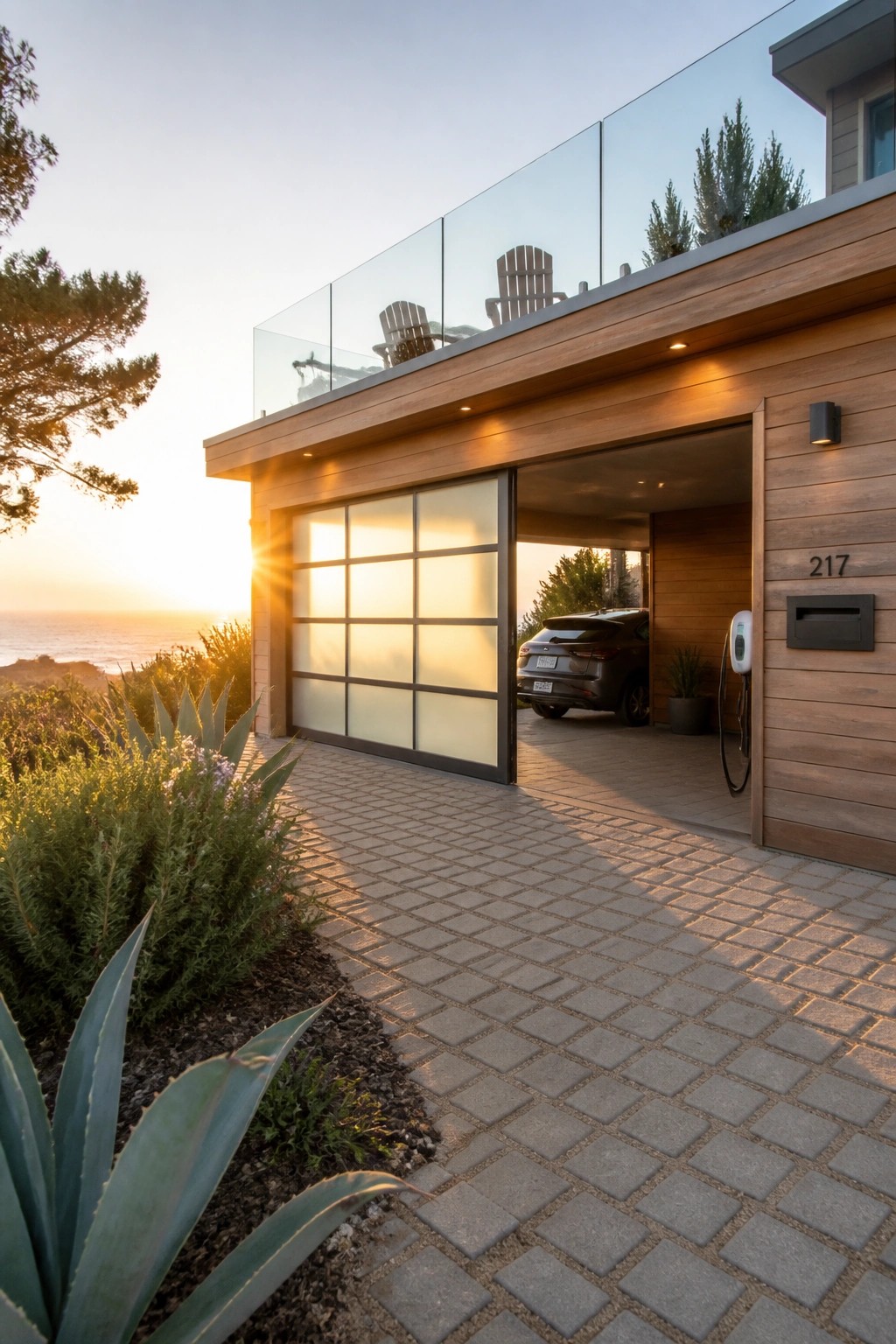 Modern house exterior showing an open contemporary garage with a dark SUV parked inside and a white EV charger mounted on the wood wall beside the door.