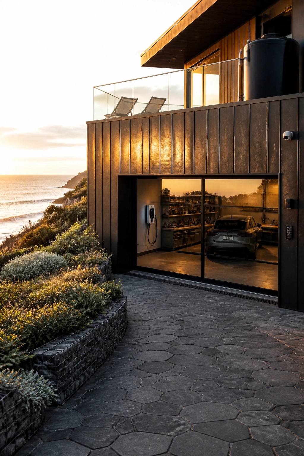 A contemporary dark wood and metal house with a large open garage revealing a silver car and wall-mounted EV charger, overlooking a coastal landscape at sunset.