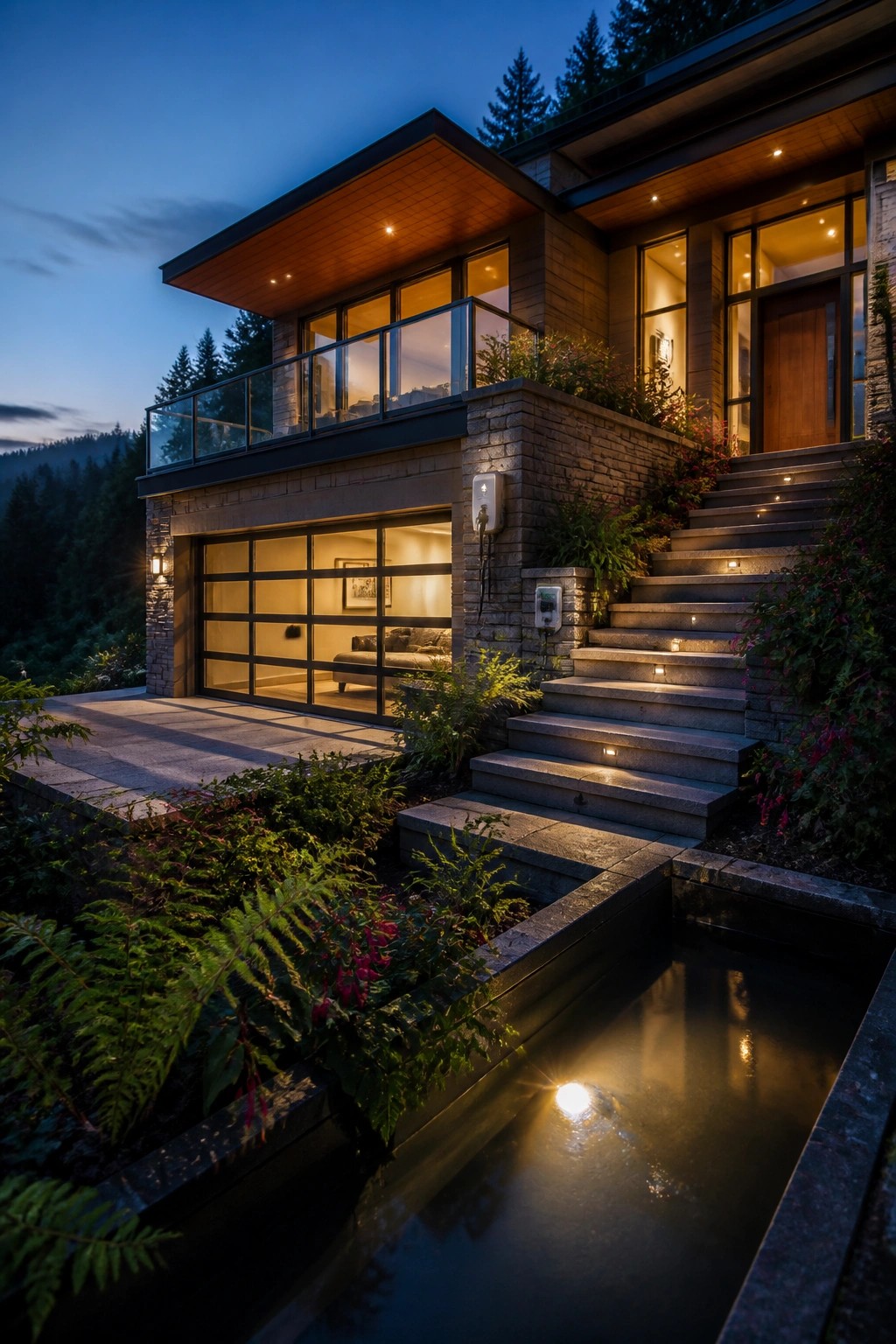A contemporary two-story house at dusk with a lit glass garage door integrated into stone and wood siding, plus stone stairs with small lights leading to the front entrance.
