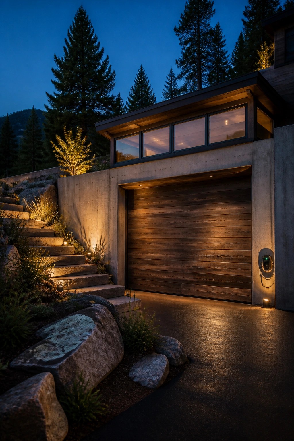 A modern house exterior at dusk with a large horizontal wood garage door set into a concrete wall, next to stone steps with landscape lighting.