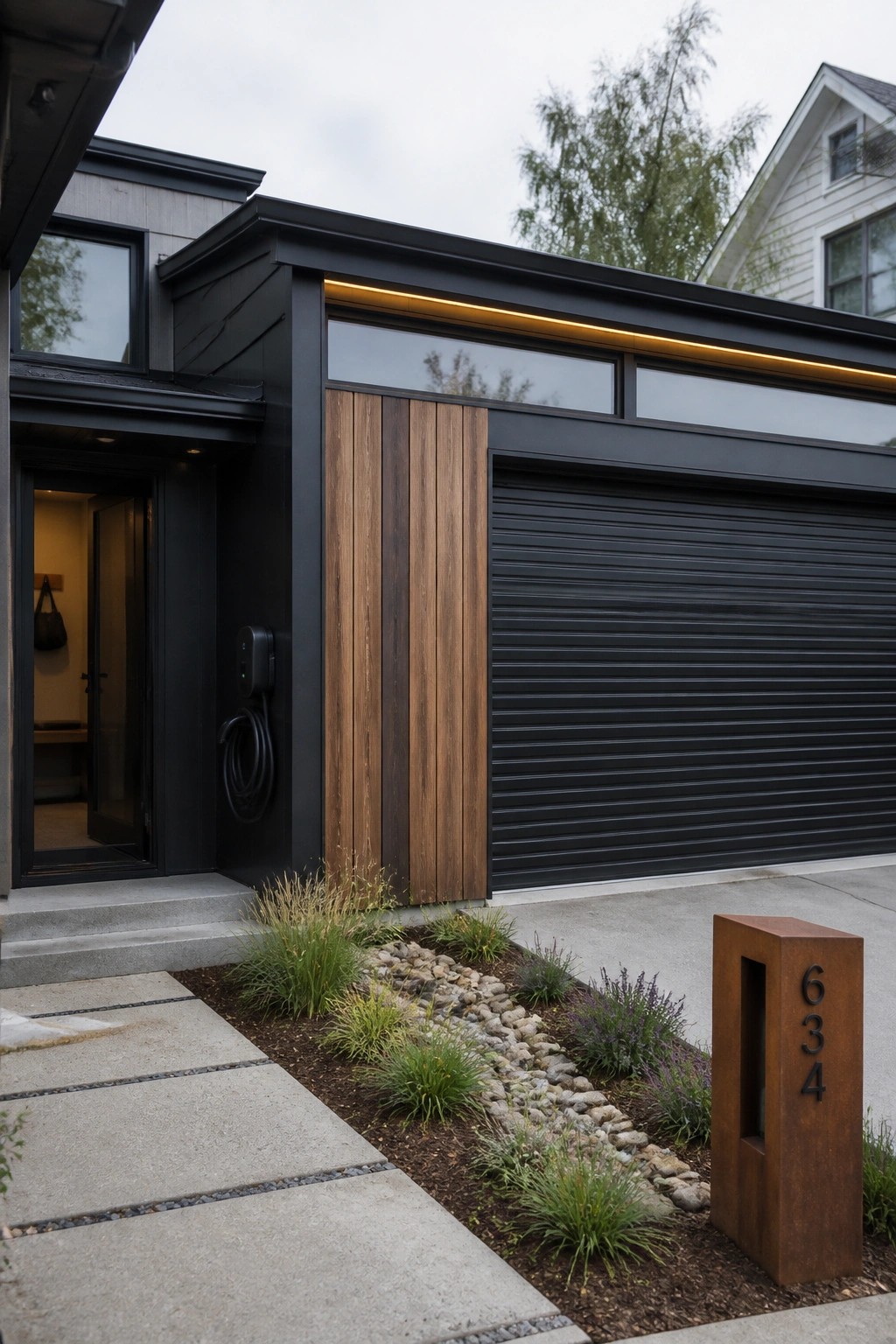 A contemporary black house exterior with a large black garage door, vertical wood accent panel, linear overhead lighting, side entry door with EV charger, and rusted metal address marker in the front landscaping.