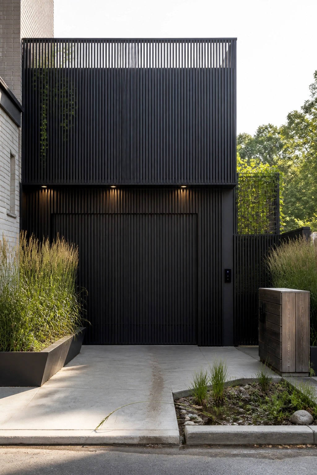 Modern black building with vertical slats, large garage door, and concrete driveway with plants.