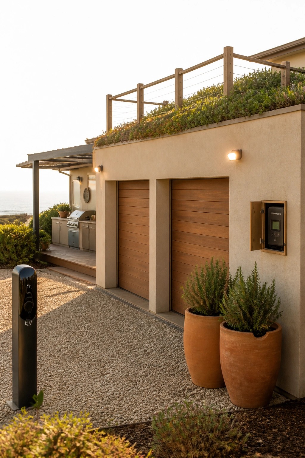 Contemporary house exterior with two wood garage doors, an EV charger on a gravel surface, two large terracotta pots, and a wall-mounted control panel beside the garage.