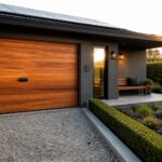 Modern house exterior showing a wide wooden garage door with horizontal slats next to a dark gray entry wall, concrete step, and small landscaped bed.