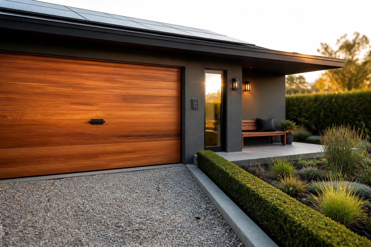 Modern house exterior showing a wide wooden garage door with horizontal slats next to a dark gray entry wall, concrete step, and small landscaped bed.