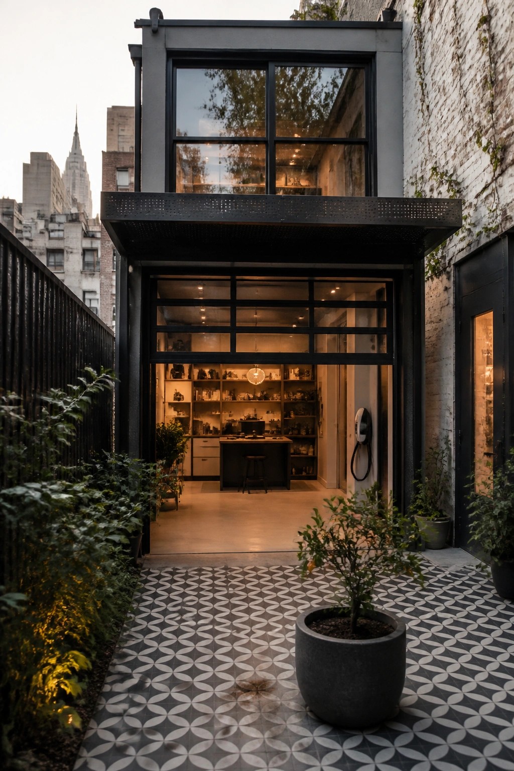Modern black metal and glass structure with large open doors revealing interior shelves and workspace, leading to a patterned tile courtyard with potted plants.