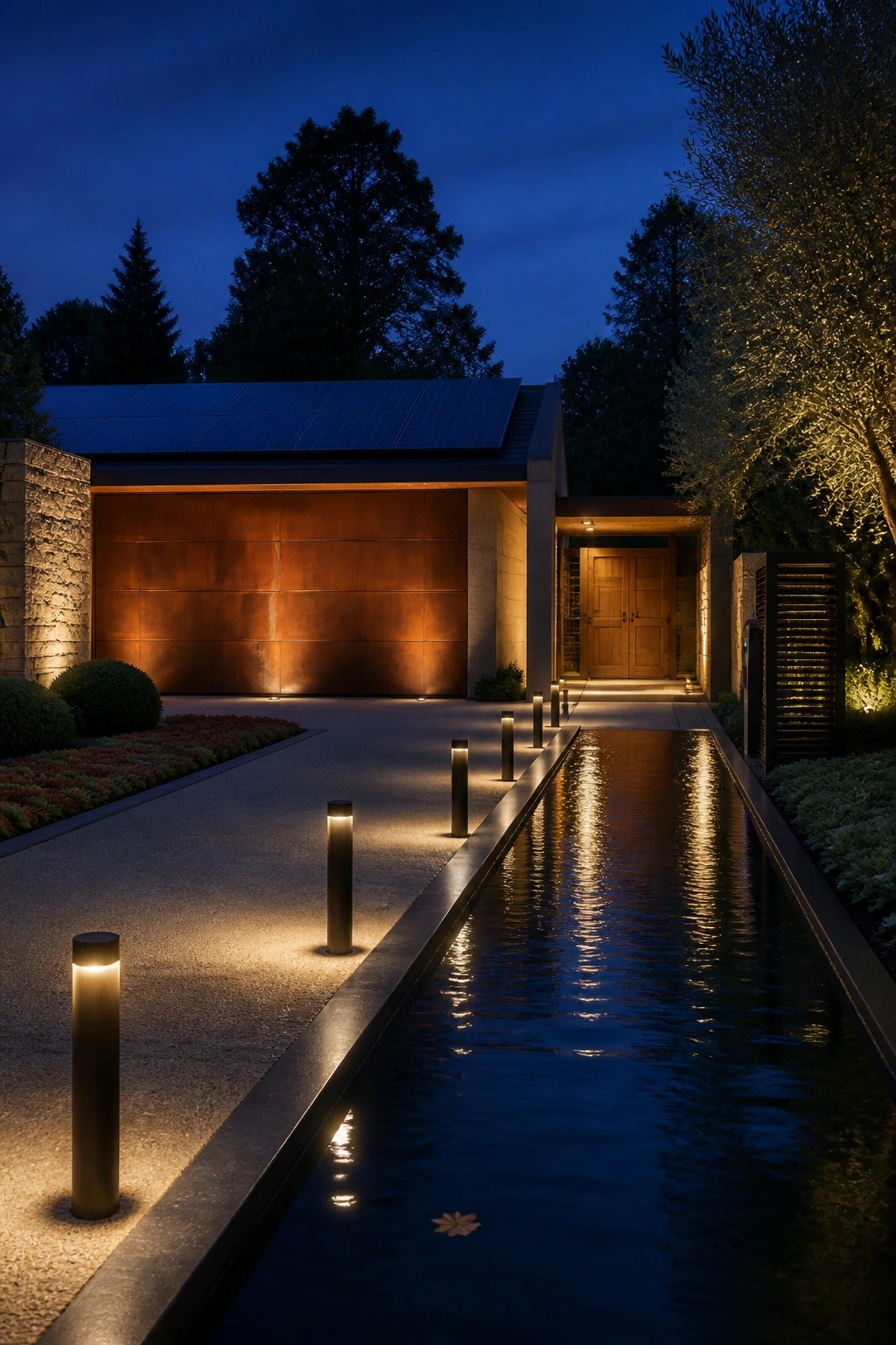 A modern house at dusk with a large illuminated copper garage door, a wooden entry door, a reflecting water channel with bollard lights, and trees in the background.