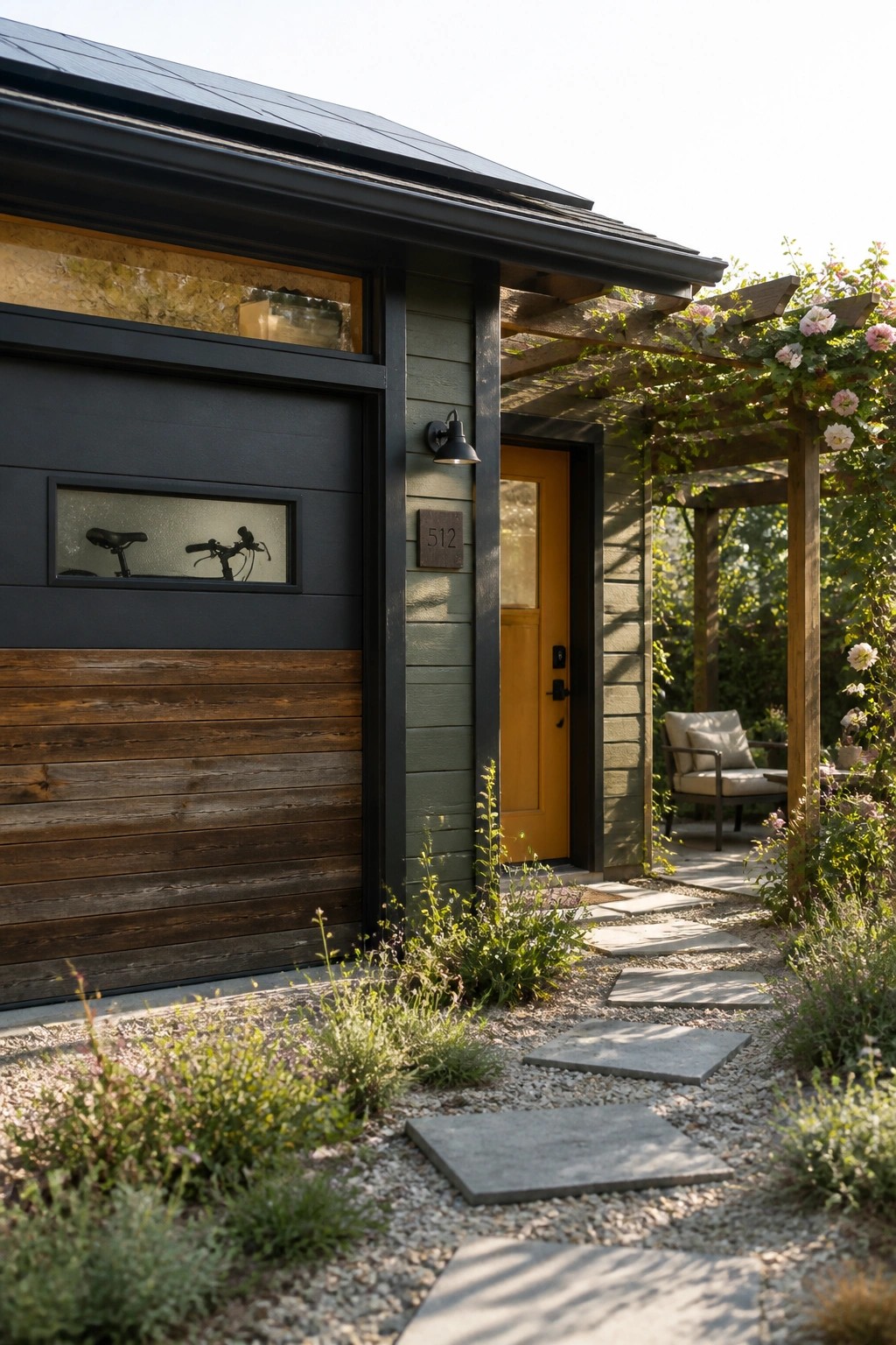 A modern house exterior with a dark garage door featuring wood paneling on the lower half and a narrow window, positioned beside a yellow front door with a stone pathway in front.