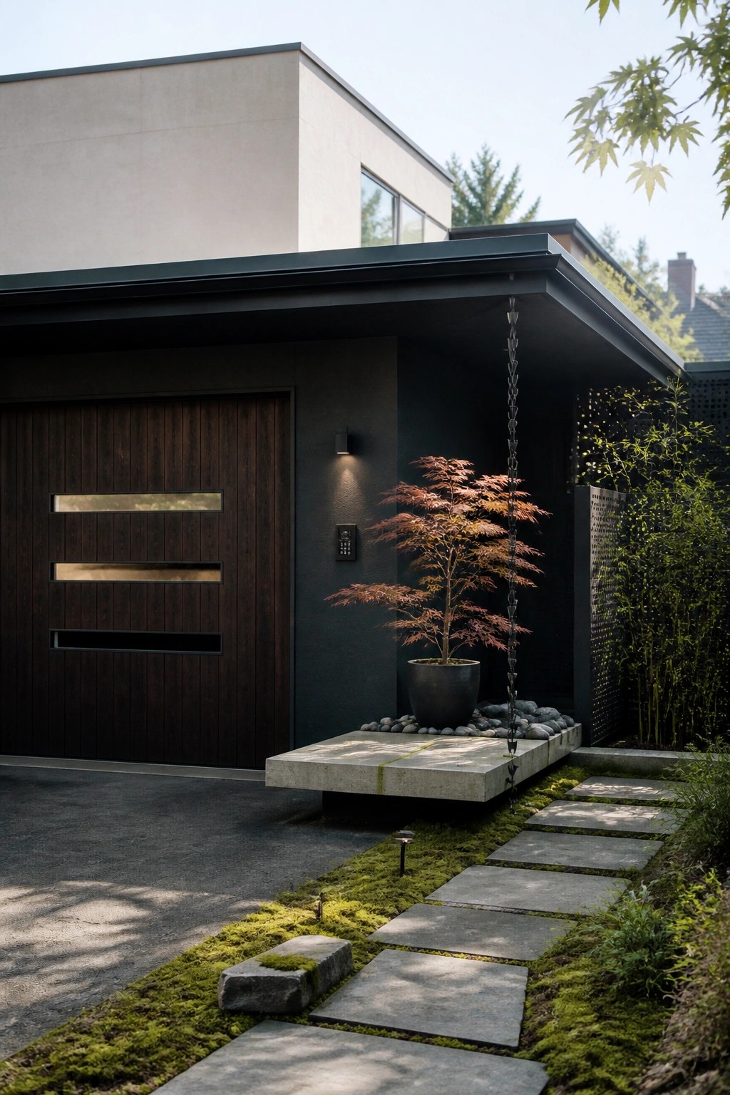 Modern house exterior with a dark wood garage door featuring three horizontal glass slots, dark siding, and a potted tree on a concrete platform next to a mossy stone path.