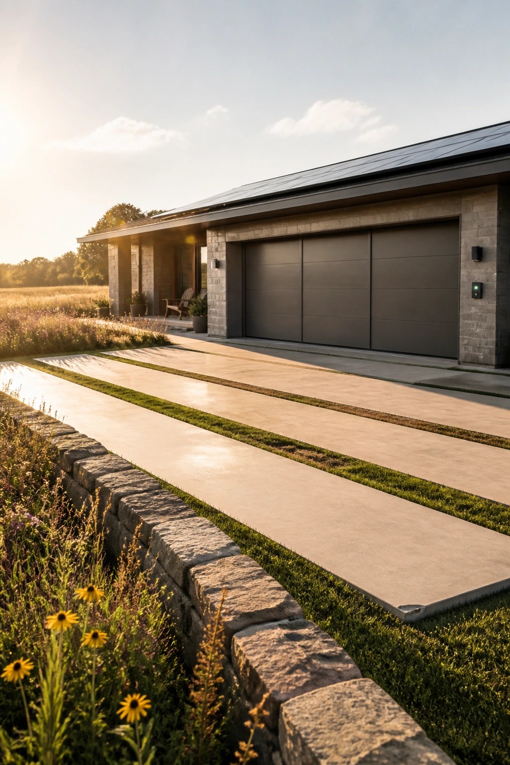 Modern stone house with dark garage doors and grass-lined concrete driveway at sunset