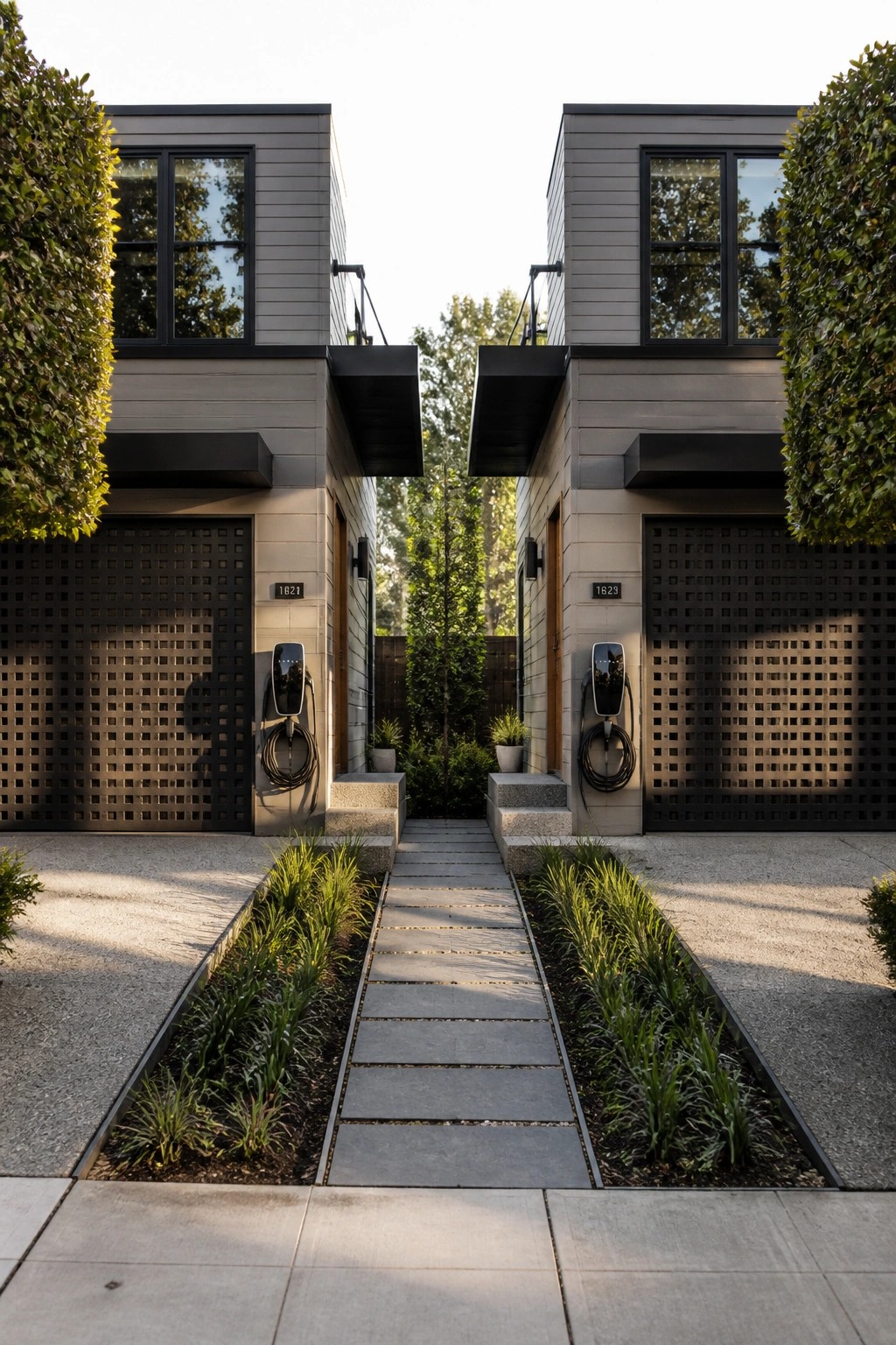 Two modern gray houses with black garage doors, each featuring a wall-mounted EV charger beside the entrance, separated by a stone pathway with landscaping.