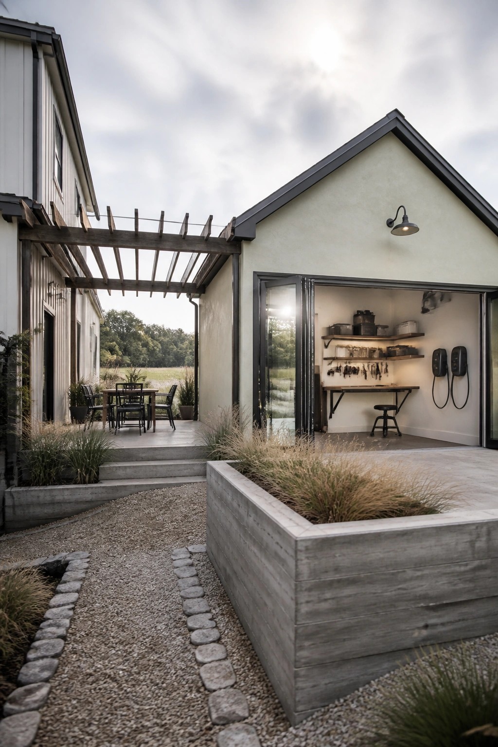 A modern house exterior showing an open garage with shelves, a workbench, and hanging tools next to a patio area with a wooden pergola and concrete planter.