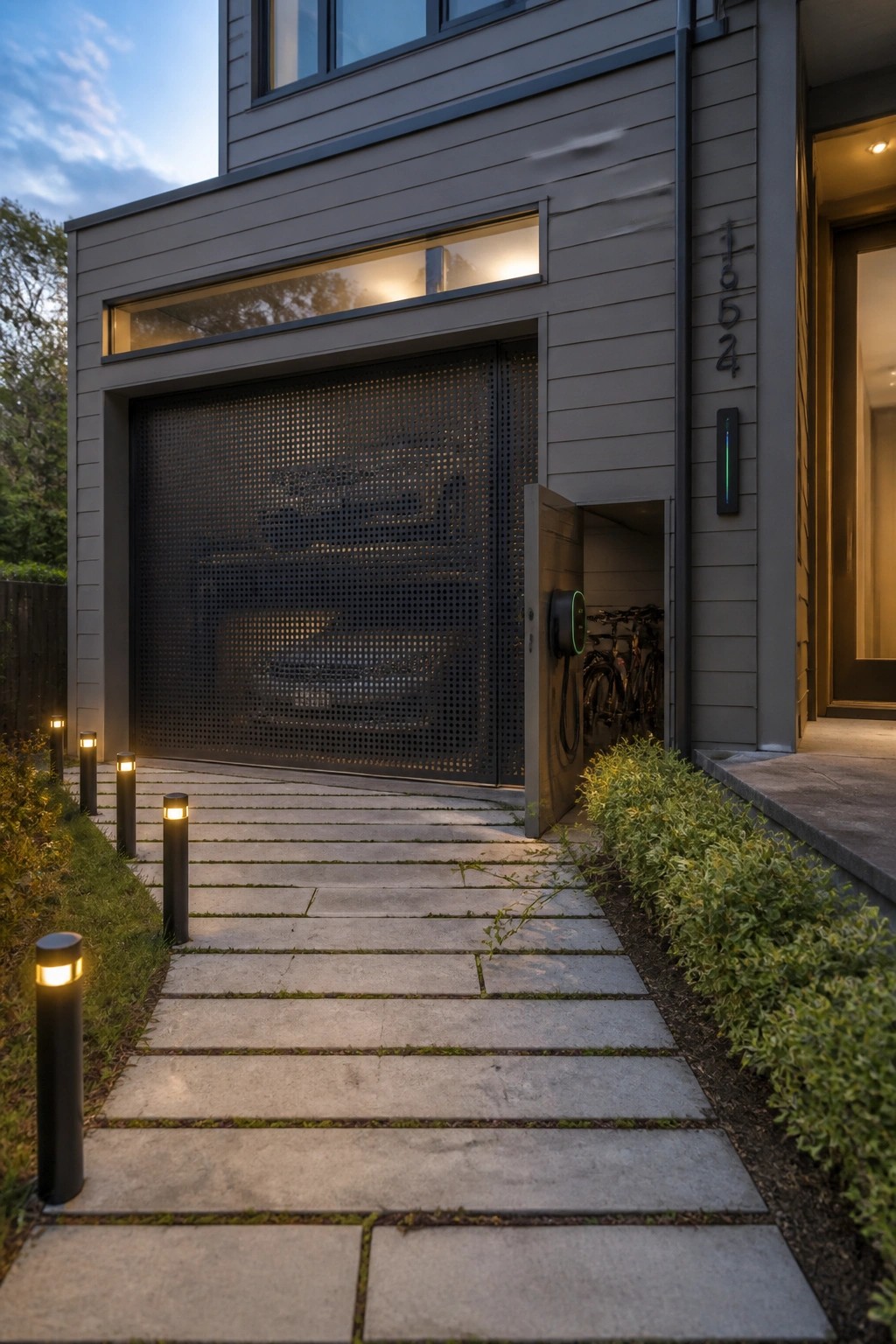 A modern gray house with a large black perforated garage door, a stone pathway with bollard lights, and a side door open to show an EV charger and bicycles.