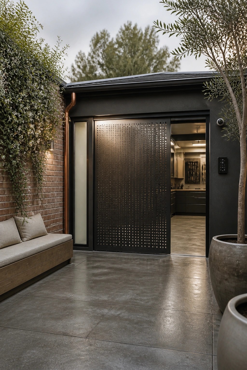 A contemporary dark exterior building with an open perforated metal sliding door revealing an interior workspace, beside a brick wall with a built-in bench and large planters.