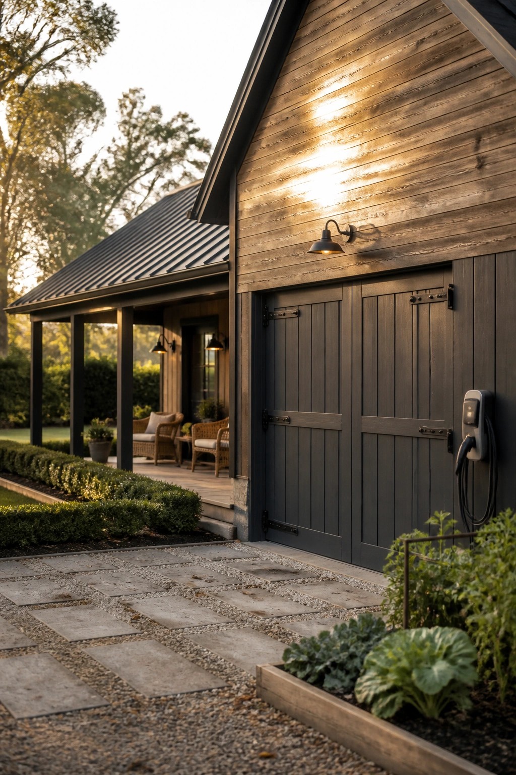 A dark wood garage with double doors on a contemporary house exterior, featuring a wall-mounted EV charger to the right and a gravel path with garden beds in the foreground.