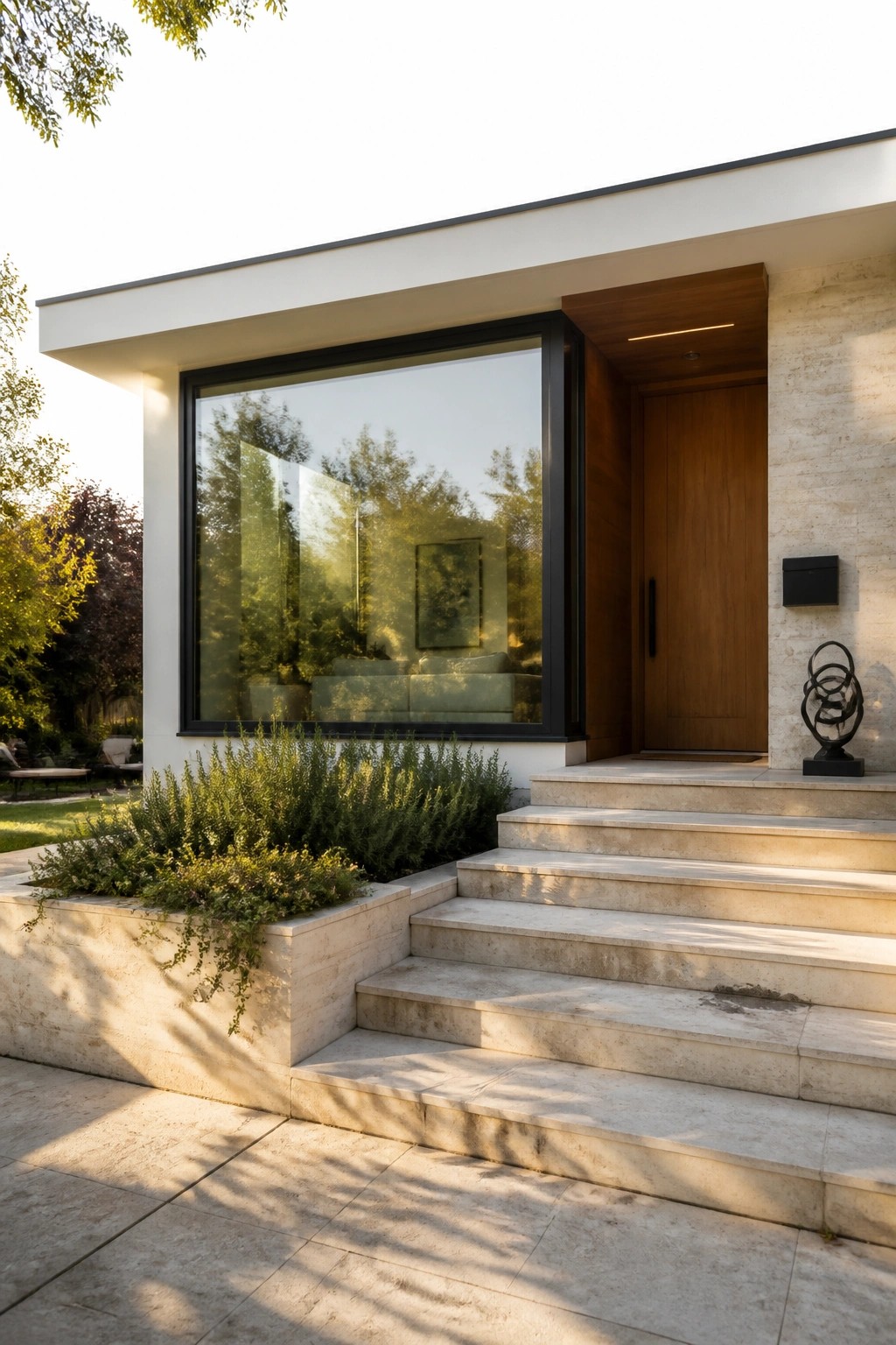 A minimalist house exterior with a large black-framed window beside a wooden front door, light stone steps, and a built-in planter with greenery.