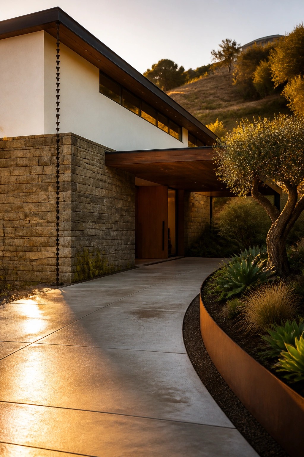 Modern minimalist house with a stone base wall, white upper facade, dark wood overhang at the entrance, and a curved concrete path beside a landscaped bed.
