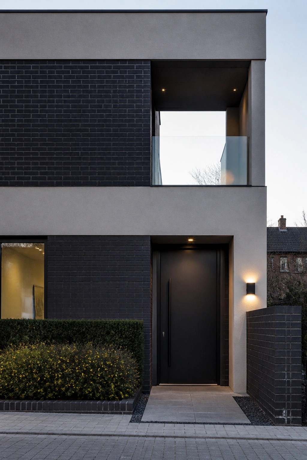 A modern two-story house exterior with a black front door centered under an open balcony, dark brick on the left side of the facade, and light gray concrete on the right and upper sections.