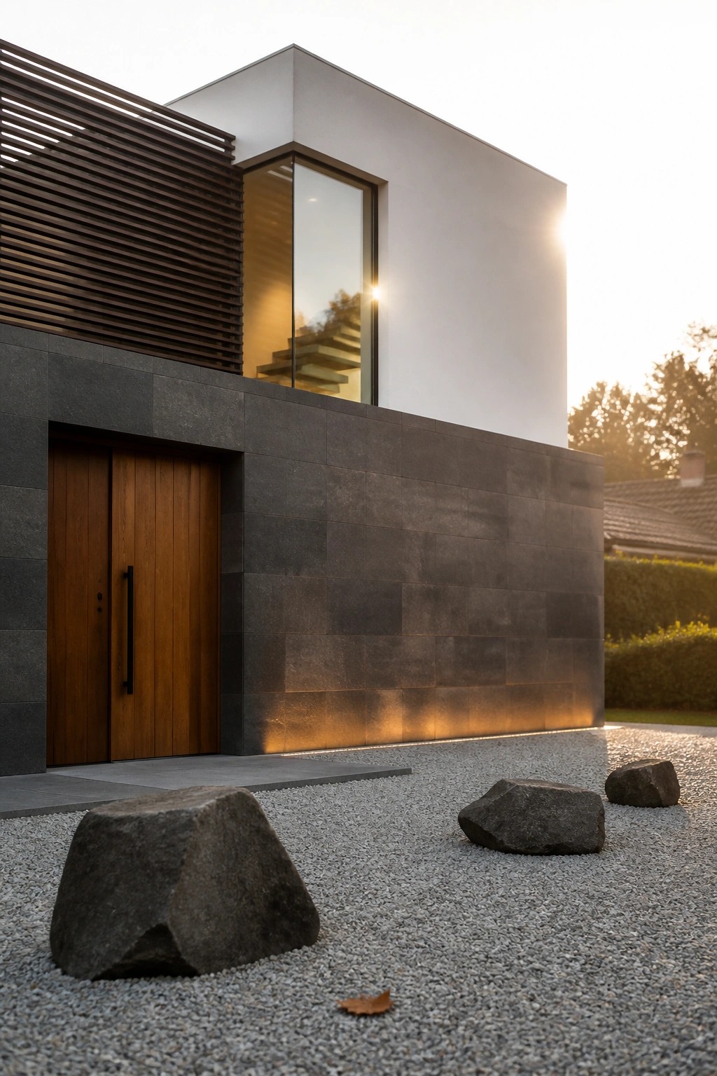 Modern minimalist house exterior featuring a dark stone wall with integrated base lighting, a wooden entry door, and gravel landscaping with large rocks.