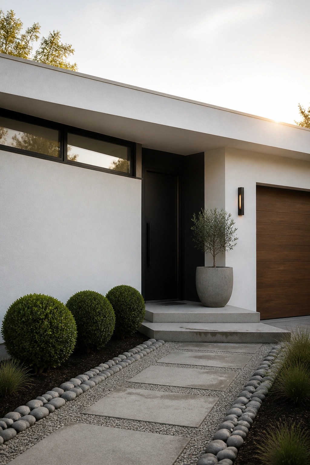 A minimalist contemporary house exterior featuring a black front door set in white walls with concrete steps and a large potted plant beside the entrance.
