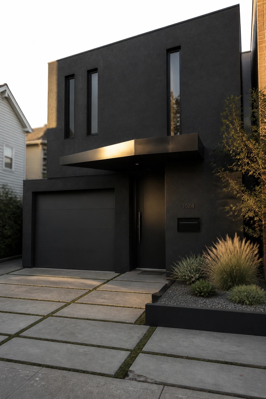 A modern two-story house with an all-dark facade, garage on the left, front door beneath a projecting metal canopy, and narrow vertical windows.
